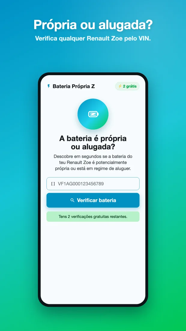 The Bateria Própria Z home screen, with the field for entering a Renault Zoe VIN and the remaining free-check counter.