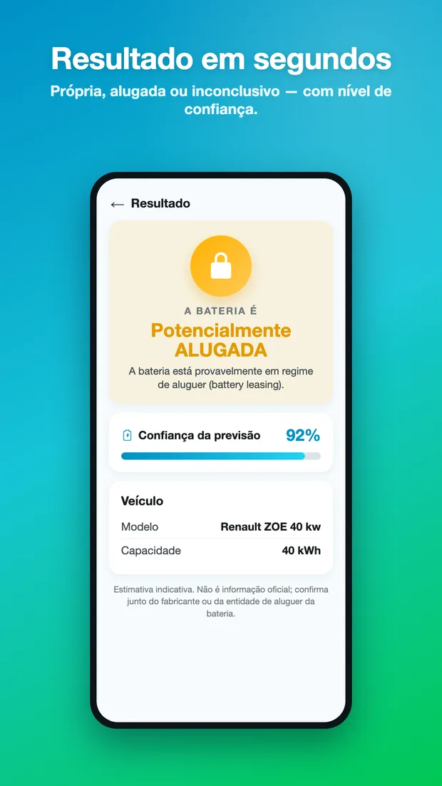 Result screen: battery potentially leased, 92% prediction confidence, alongside the vehicle model and battery capacity.