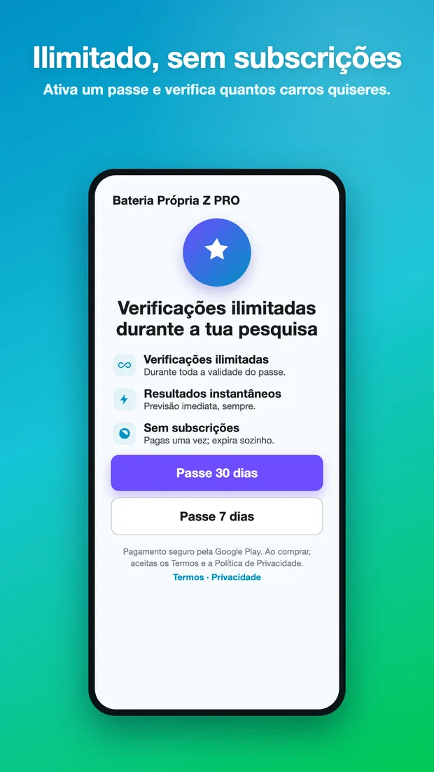 Pass screen: unlimited checks with a 7-day or 30-day pass, paid once, with no subscriptions.