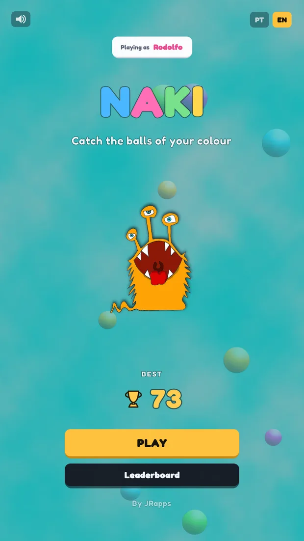 Naki main menu: the colourful NAKI logo, the orange three-eyed Naki and a best score of 73, with Play and Leaderboard buttons.