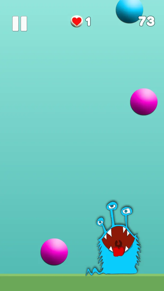 Gameplay: a blue Naki at the bottom, a matching blue ball to catch and two pink balls to dodge; score 73, one life left.