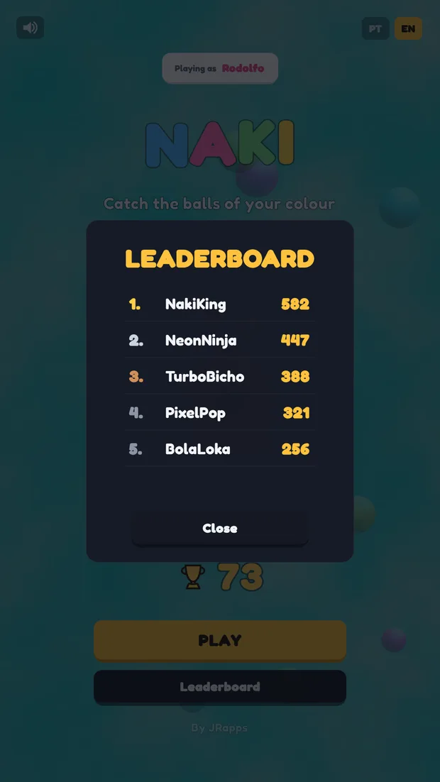 Online leaderboard listing the top five players, from NakiKing with 582 points to BolaLoka with 256.