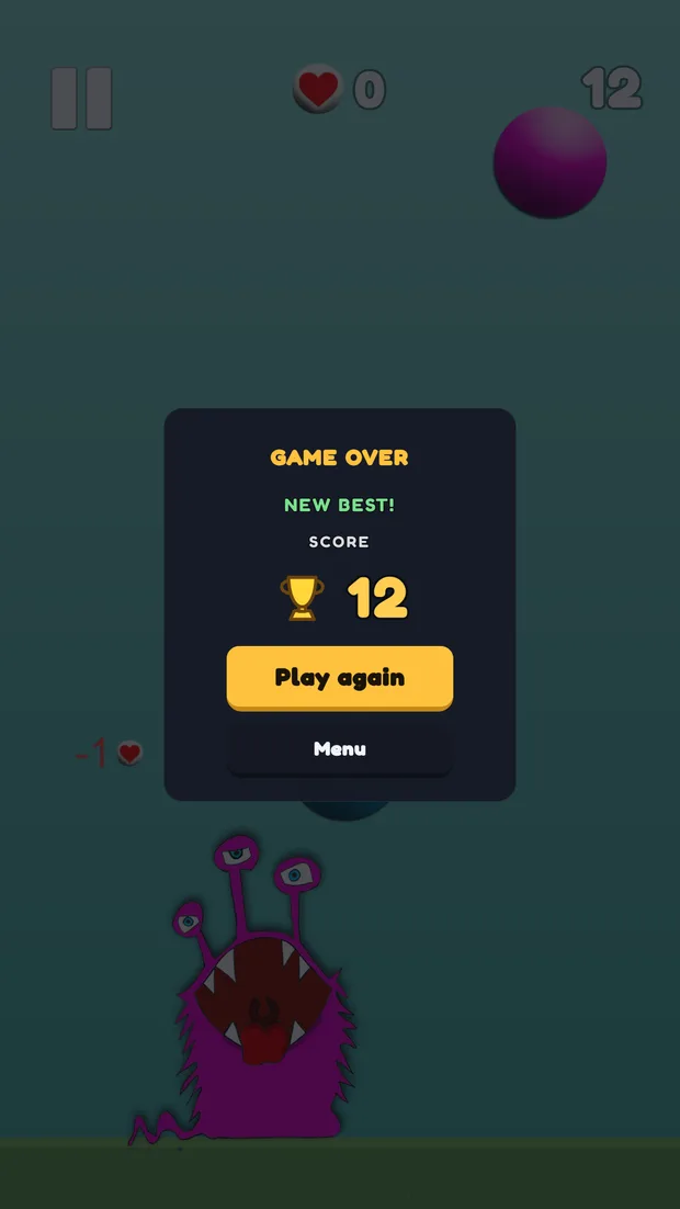 Game over screen with a purple Naki, a new best score of 12 and the Play again and Menu buttons.
